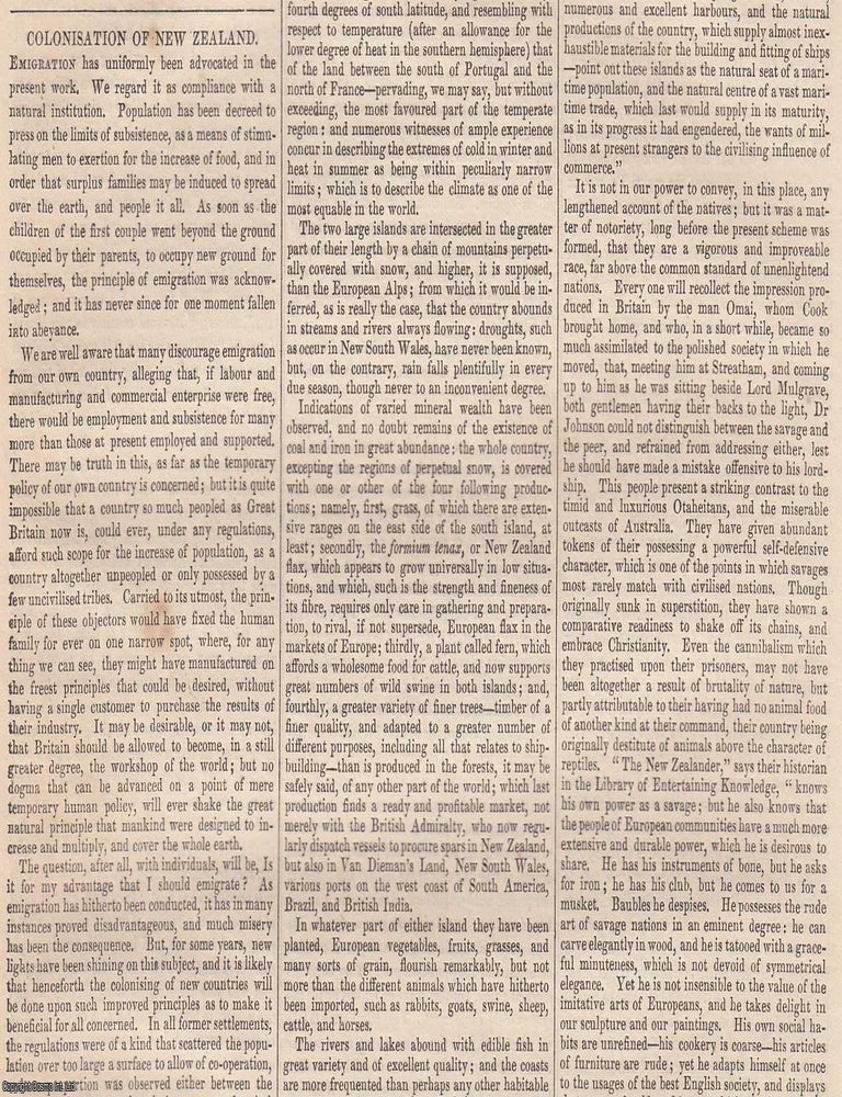 Item #366011 1837. Colonisation of New Zealand. FEATURED in Chambers' Edinburgh Journal. A...