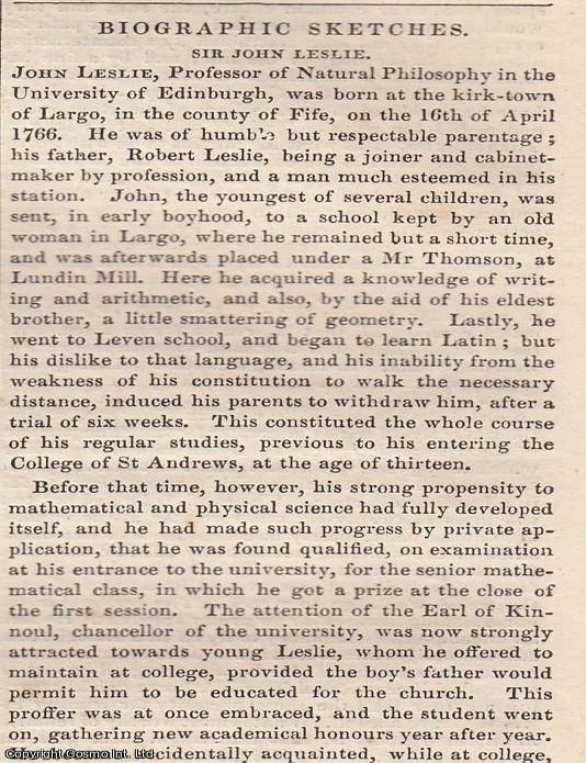 Item #366013 1837. Sir John Leslie, Prof. of Natural Philosophy, University of Edinburgh....
