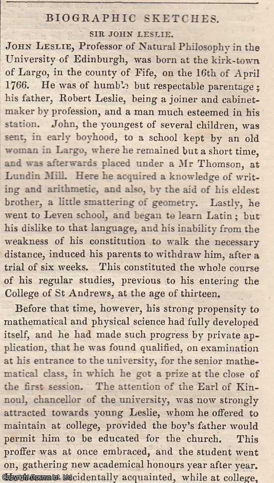 Item #366013 1837. Sir John Leslie, Prof. of Natural Philosophy, University of Edinburgh....