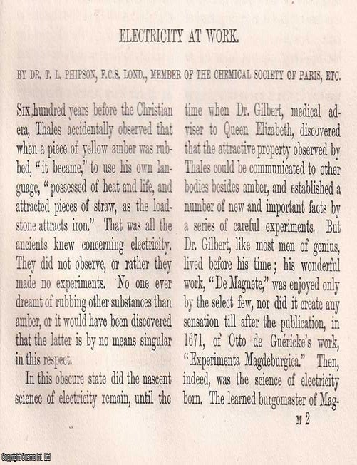 Item #366022 Electricity at Work. 7 pages. An article printed in 1862, written by Dr. T.L....