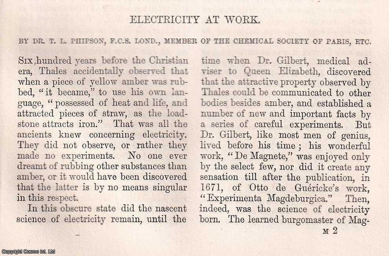 Item #366022 Electricity at Work. 7 pages. An article printed in 1862, written by Dr. T.L....