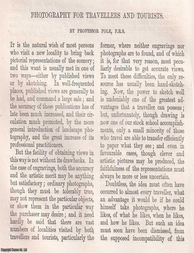 Item #366023 Photography for Travellers and Tourists. 4 pages. An article printed in 1862,...