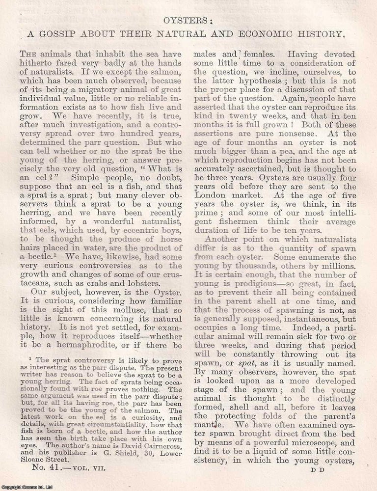 Item #366035 Oysters: A Gossip about their Natural and Economic History. 8 pages. An article...