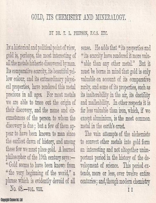 Item #366042 Gold, its Chemistry and Mineralogy. 9 pages. An article printed in 1863, written by...