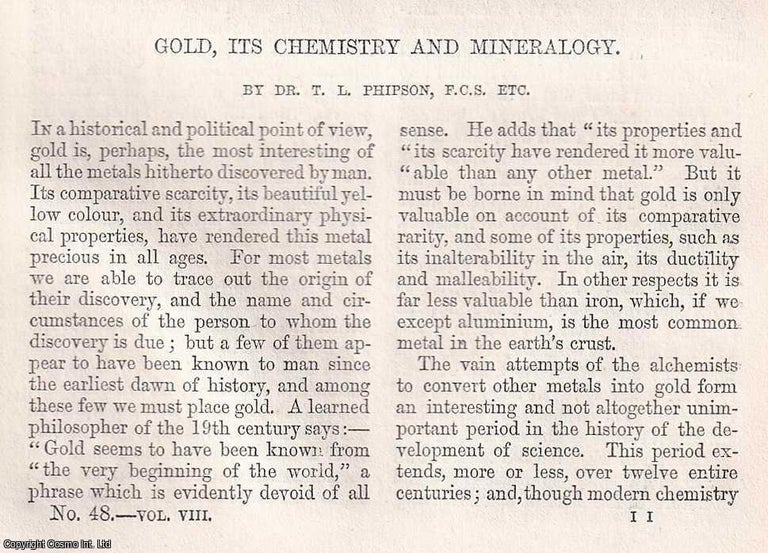 Item #366042 Gold, its Chemistry and Mineralogy. 9 pages. An article printed in 1863, written by...