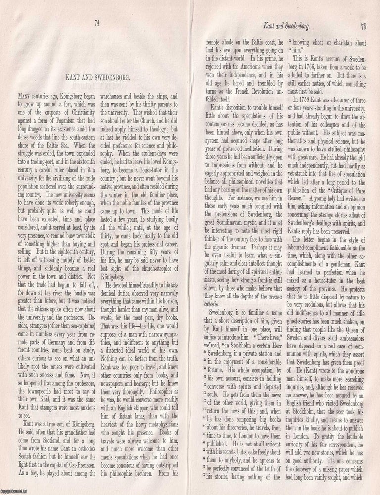 Item #366045 Kant and Swedenborg. 9 pages. An article printed in 1864, written by George Croom...