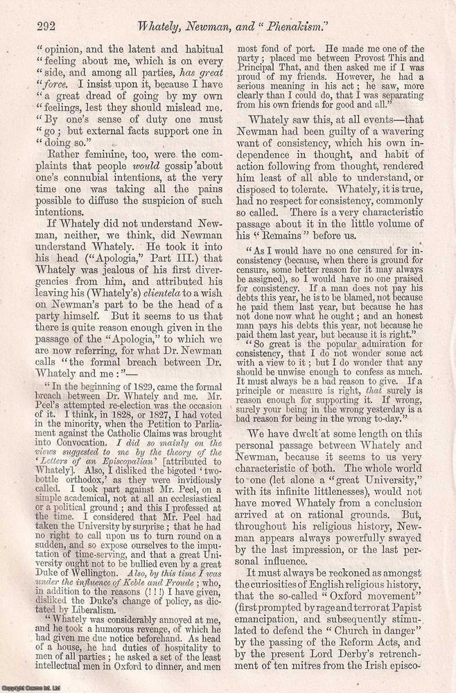 Item #366046 Whately, Newman and Phenakism. An original article from Macmillan's Magazine,...