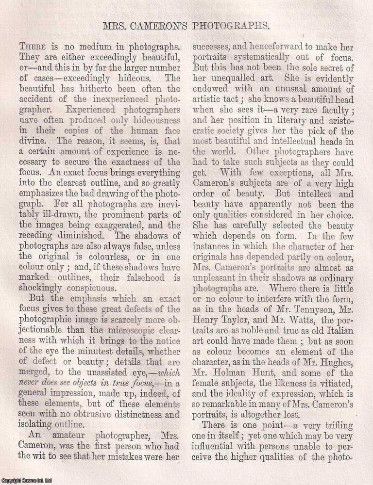 Item #366055 Mrs. Cameron's Photographs. 2 pages. An article printed in 1866, written by...