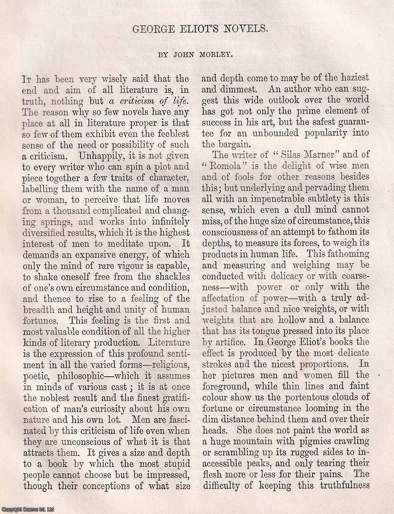 Item #366061 George Eliot's Novels. 8 pages. An article printed in 1866, written by John...