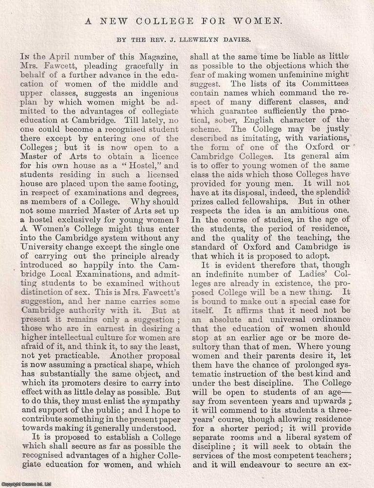 Item #366072 A New College for Women. 8 pages. An article printed in 1868, written by J. Llewelyn...