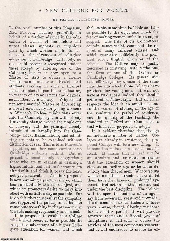 Item #366072 A New College for Women. 8 pages. An article printed in 1868, written by J. Llewelyn...