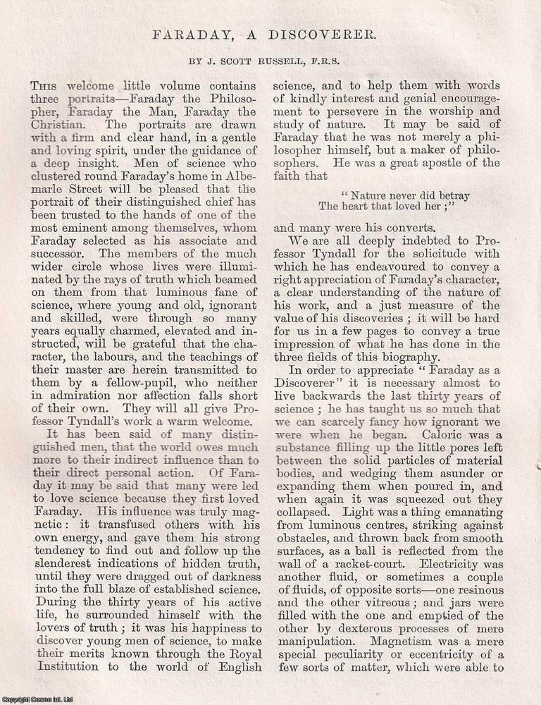 Item #366073 Faraday, a discoverer. 8 pages. An article printed in 1868, written by John Scott...
