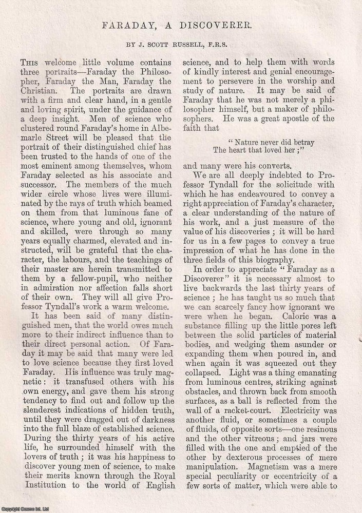 Item #366073 Faraday, a discoverer. 8 pages. An article printed in 1868, written by John Scott...