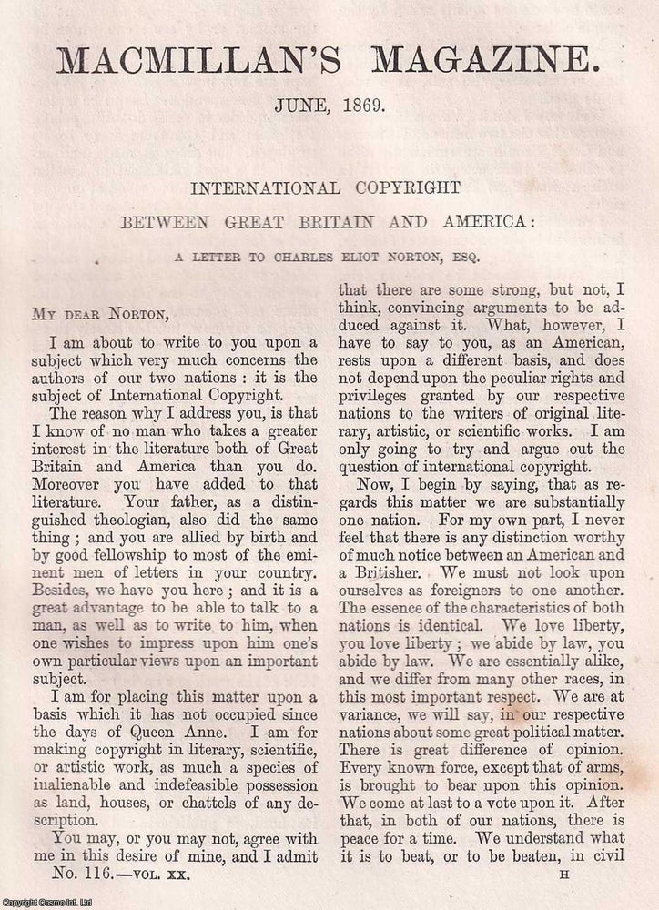 Item #366079 International Copyright between Great Britain and America: A Letter to Charles Eliot...
