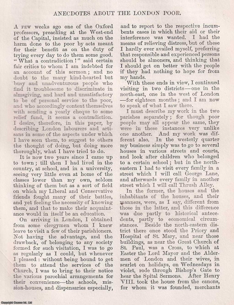 Item #366082 Anecdotes about the London Poor. 9 pages. An article printed in 1869, written by...