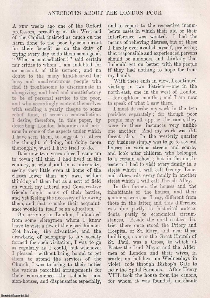 Item #366082 Anecdotes about the London Poor. 9 pages. An article printed in 1869, written by...
