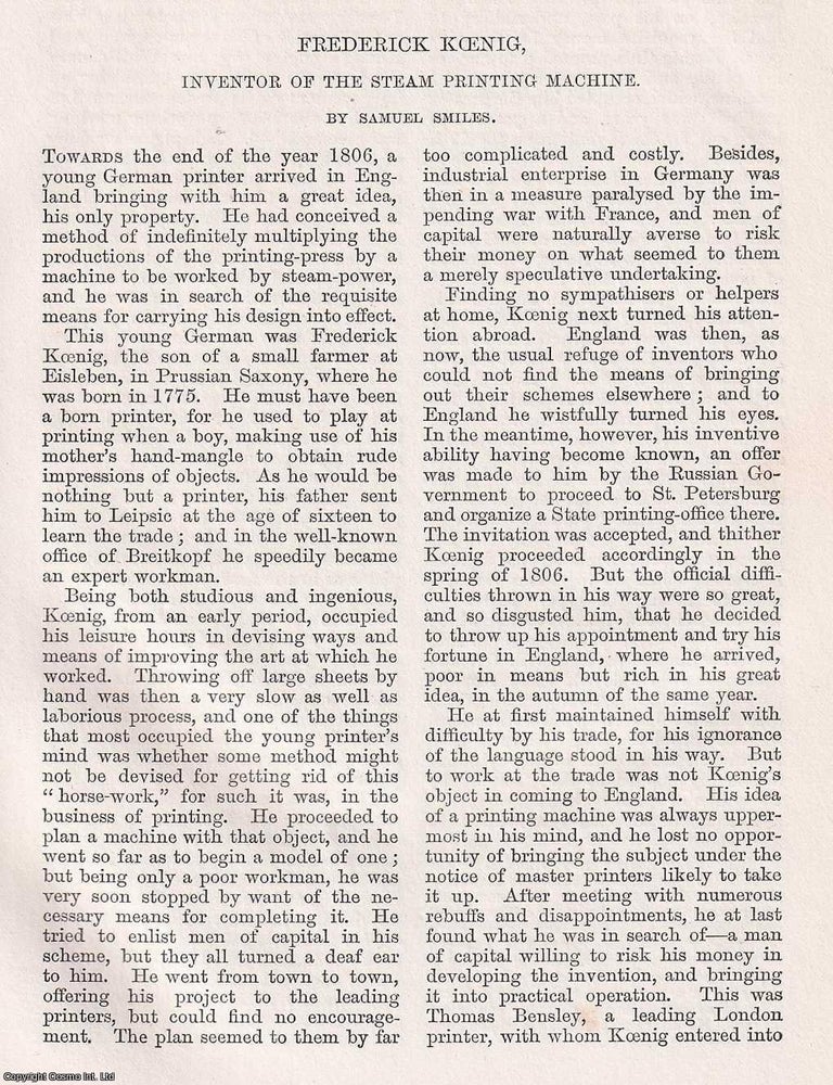 Item #366083 Frederick Koenig, inventor of the Steam Printing Machine. An original article from...