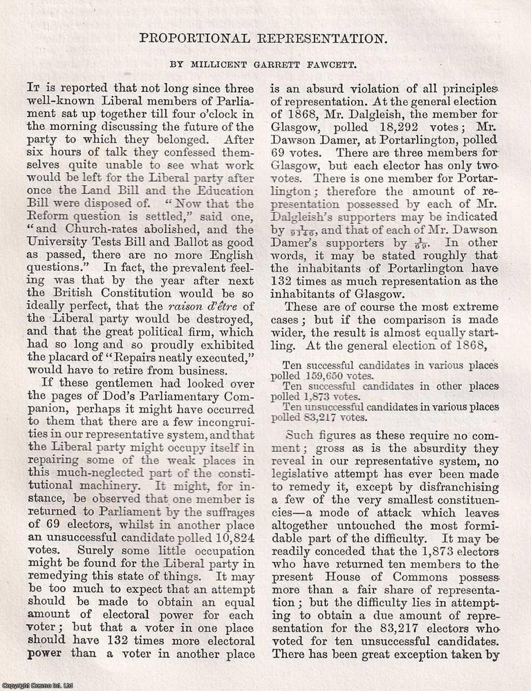 Item #366085 Proportional Representation. An original article from Macmillan's Magazine, 1870....