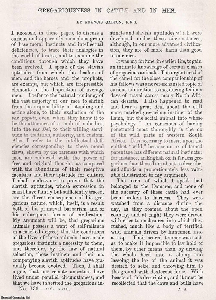Item #366091 Gregariousness in Cattle and in Men. 5 pages. An article printed in 1871, written by...