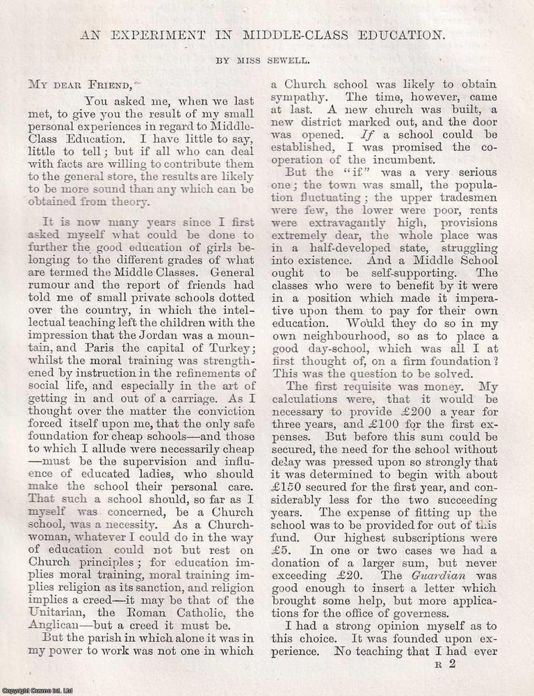 Item #366098 An Experiment in Middle-Class Education. 7 pages. An article printed in 1872,...