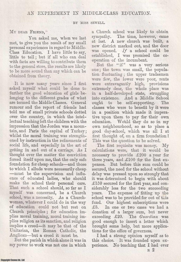 Item #366098 An Experiment in Middle-Class Education. 7 pages. An article printed in 1872,...