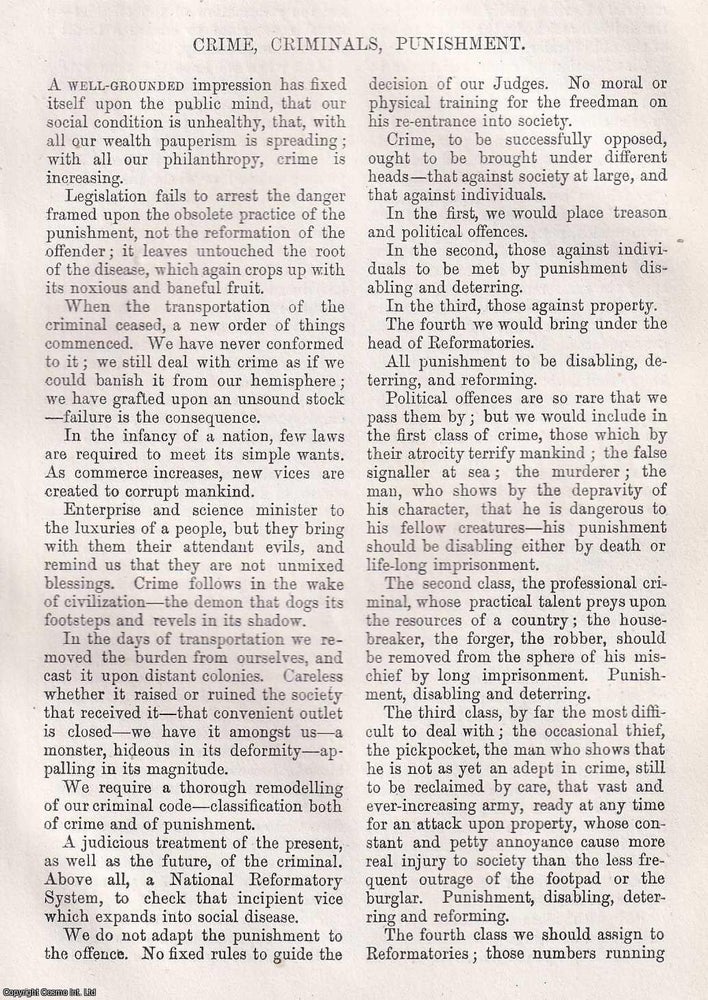 Item #366106 Crime, Criminals, Punishment. 10 pages. An article printed in 1873, written by...