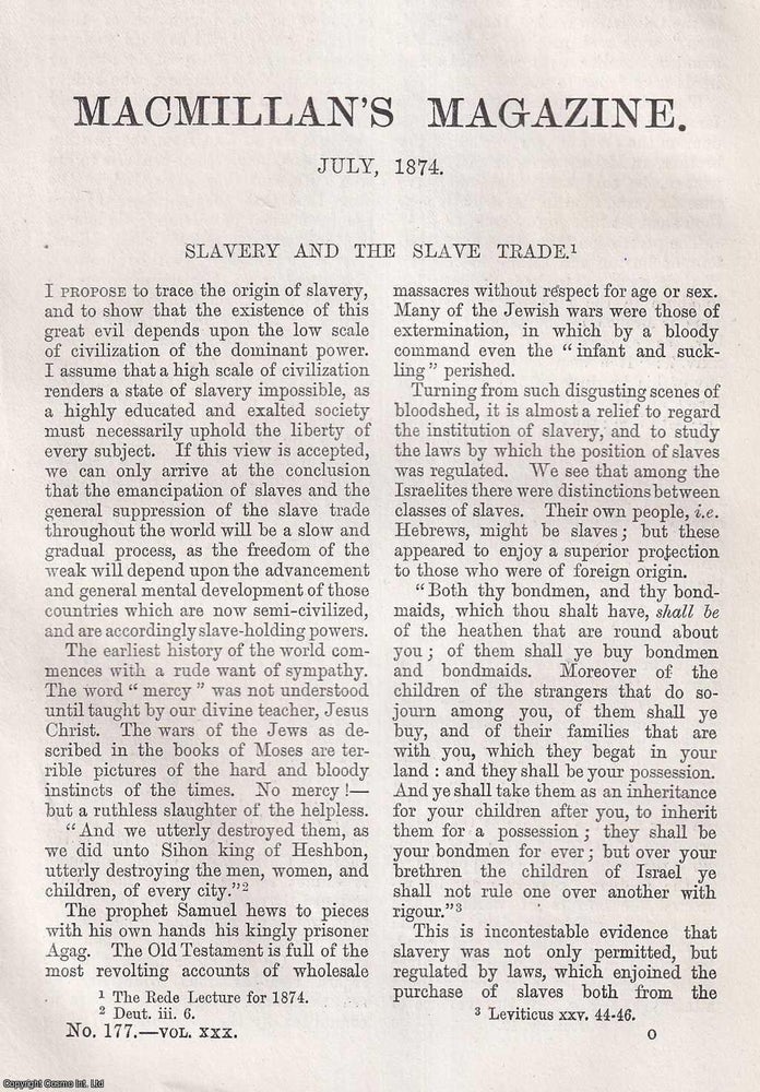 Item #366111 Slavery and the Slave Trade. 11 pages. An article printed in 1874, written by Samuel...