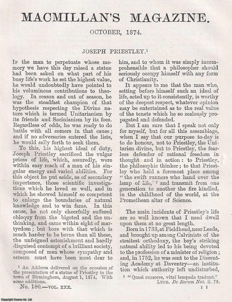 Item #366113 Joseph Priestley. 13 pages. An article printed in 1874, written by T.H. Huxley....