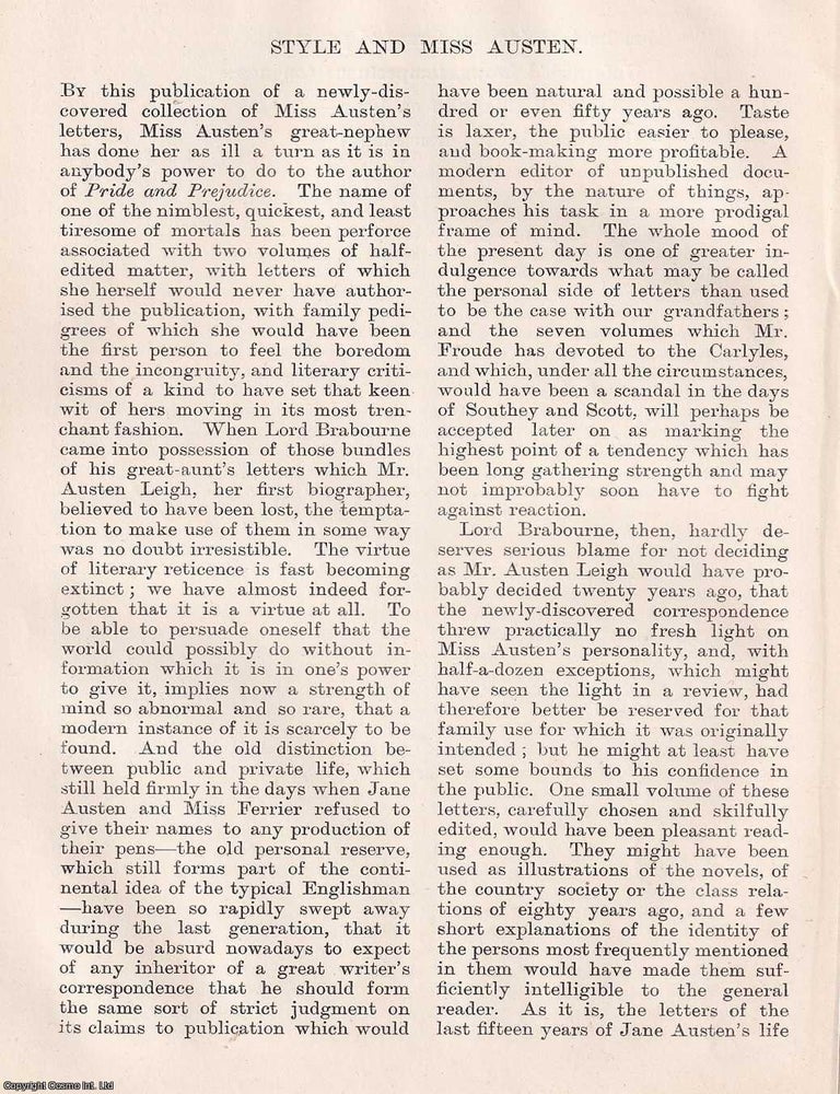 Item #366118 Style and Miss Austen. 8 pages. An article printed in 1884, written by Mary Augusta...