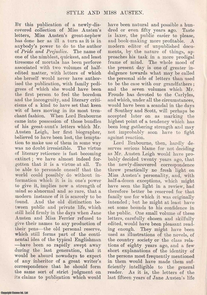 Item #366118 Style and Miss Austen. 8 pages. An article printed in 1884, written by Mary Augusta...