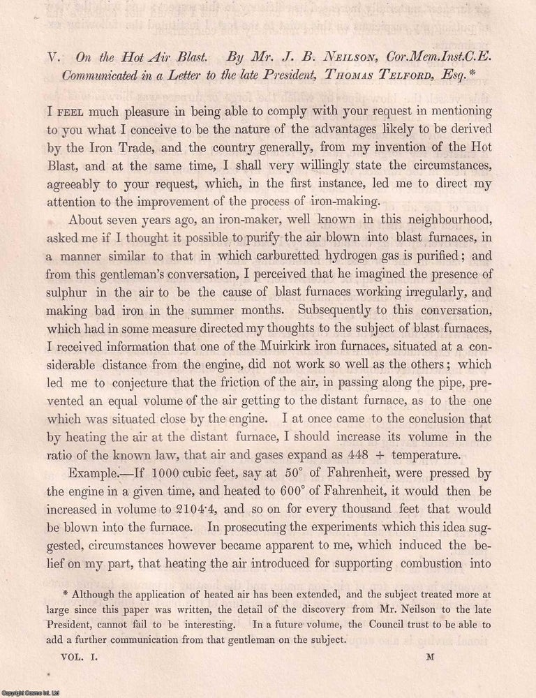 Item #366135 On the Hot Air Blast. An original article from Transactions of the Institution of...