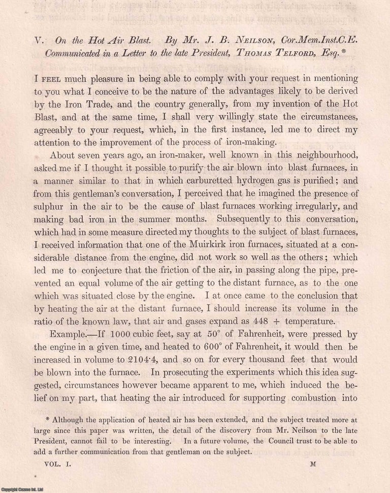 Item #366135 On the Hot Air Blast. An original article from Transactions of the Institution of...