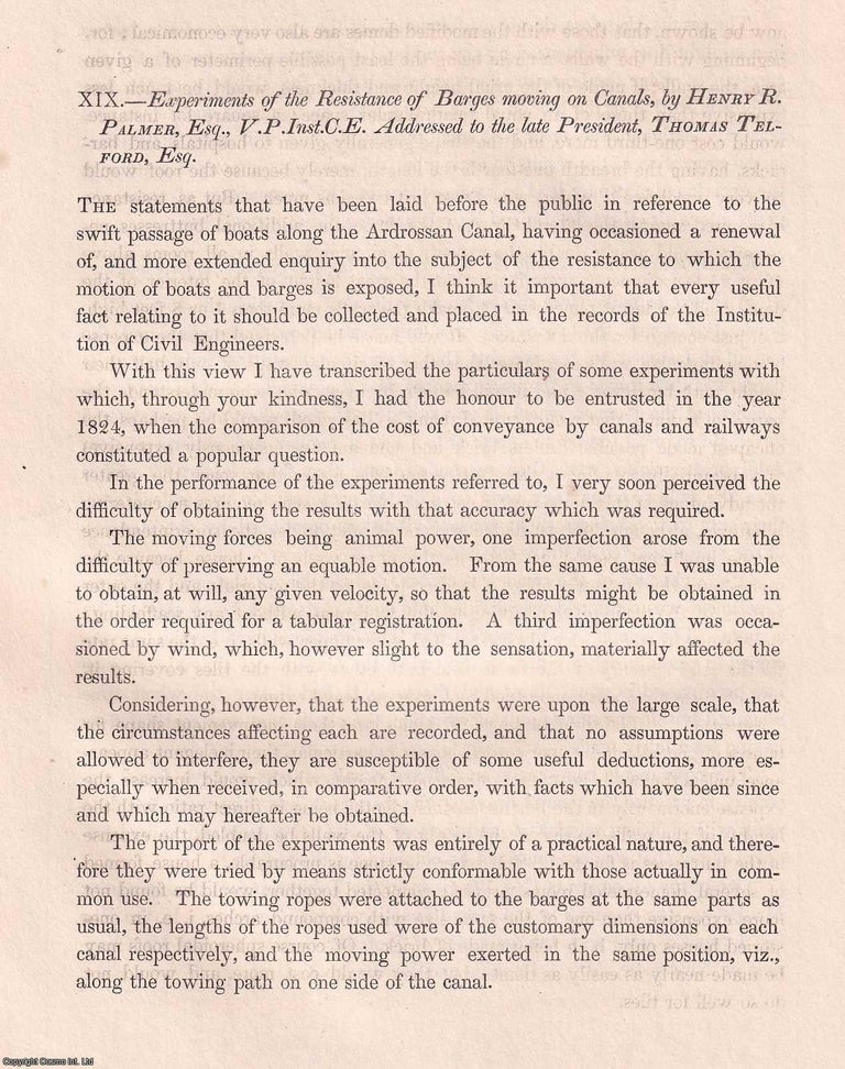 Item #366149 Experiments of the Resistance of Barges moving on Canals. An original article from...