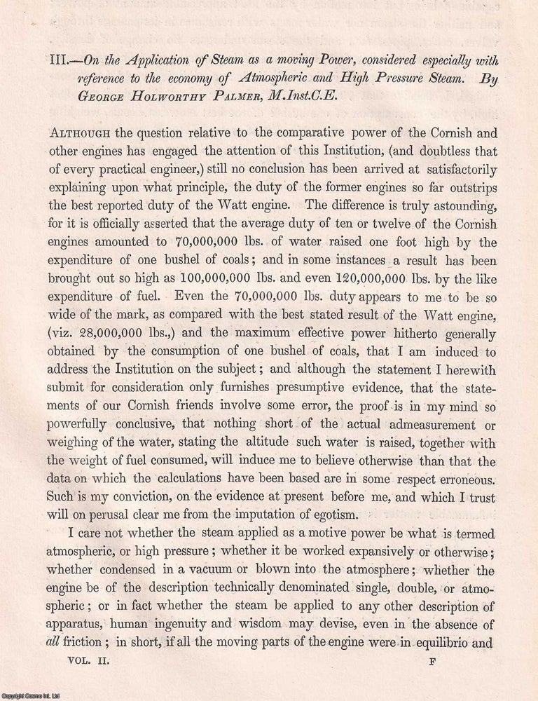 Item #366161 On the Application of Steam as a moving Power, considered especially with reference...