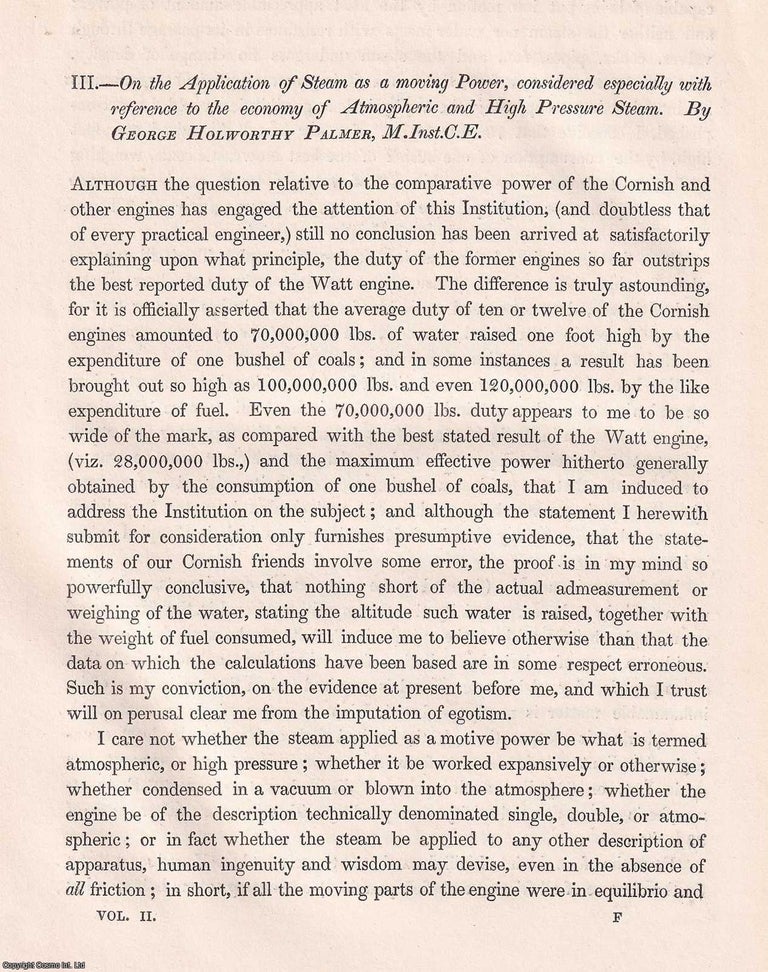 Item #366161 On the Application of Steam as a moving Power, considered especially with reference...