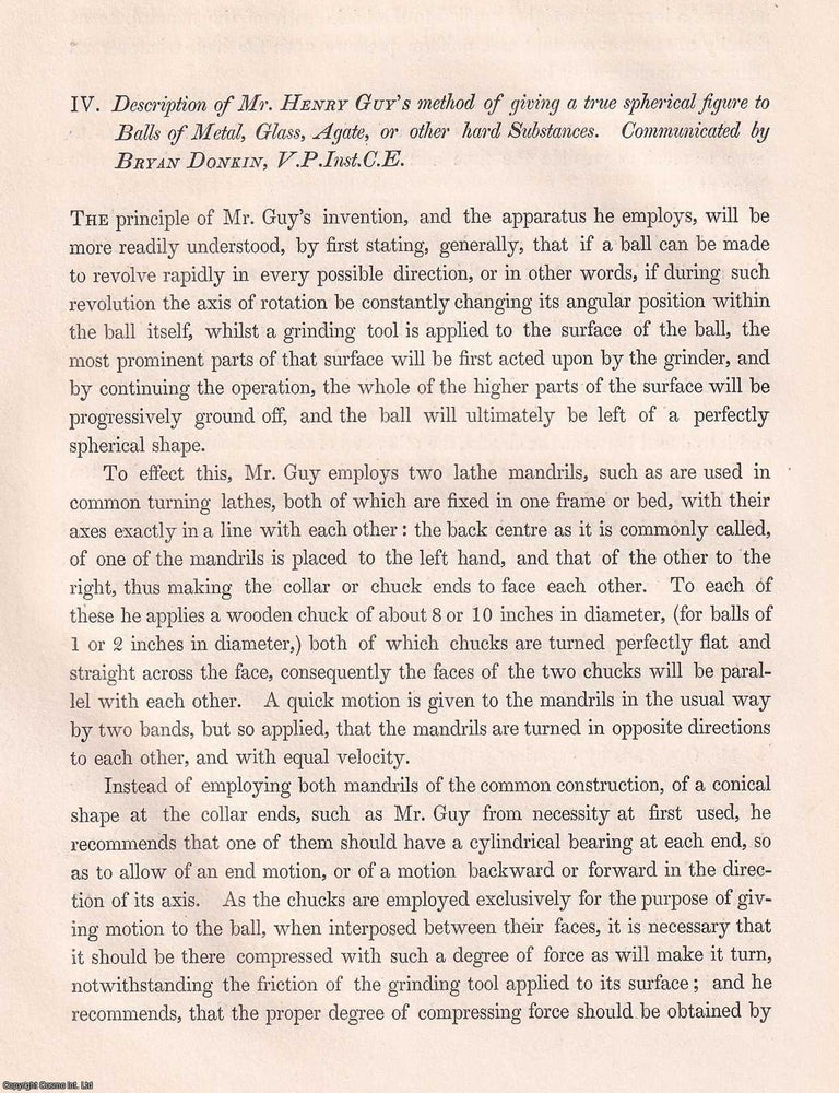 Item #366162 Description of Mr. Henry Guy's method of giving a true spherical figure to...