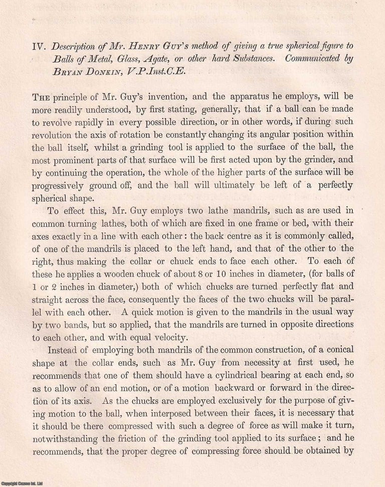 Item #366162 Description of Mr. Henry Guy's method of giving a true spherical figure to...