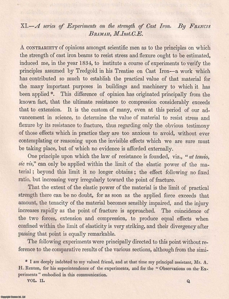 Item #366169 A series of Experiments on the strength of Cast Iron. An original article from...