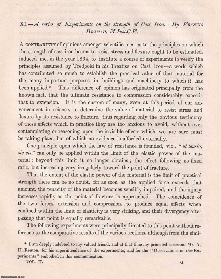 Item #366169 A series of Experiments on the strength of Cast Iron. An original article from...