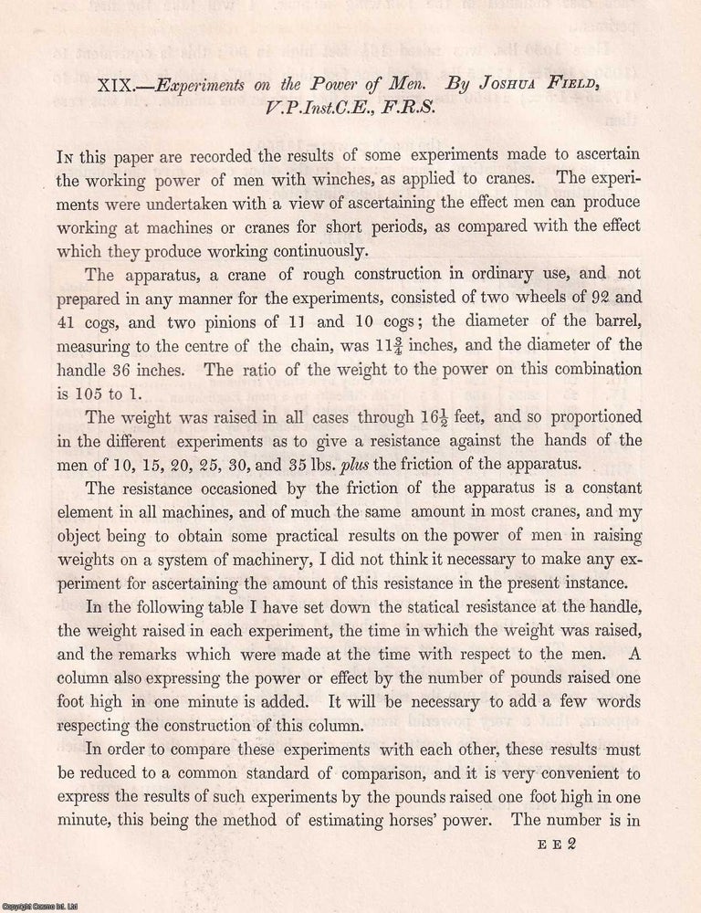 Item #366177 Experiments on the Power of Men with Winches, as applied to Cranes. An original...
