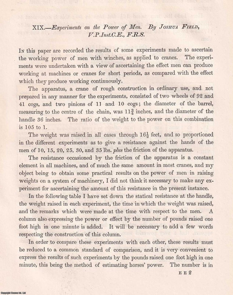 Item #366177 Experiments on the Power of Men with Winches, as applied to Cranes. An original...