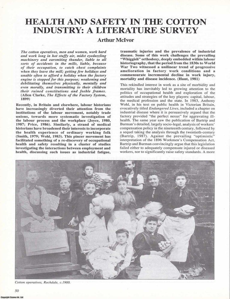 Item #366328 Health and Safety in the Cotton Industry: A Literature Survey. An original article...
