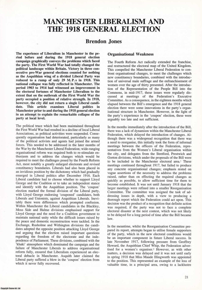 Item #366348 Manchester Liberalism and the 1918 General Election. An original article from...