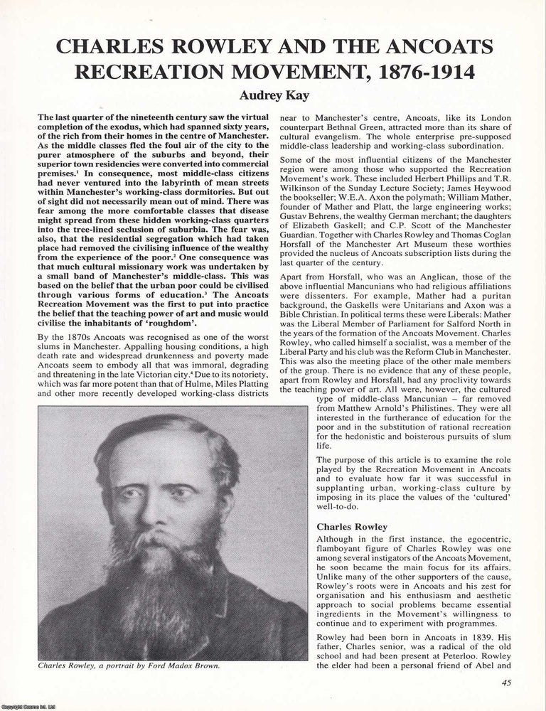 Item #366357 Charles Rowley and the Ancoats Manchester Recreation Movement, 1876-1914. An...