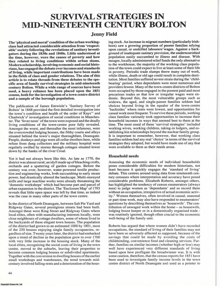 Item #366388 Bolton Hygiene and Housing. Survival Strategies in mid 19th century Bolton. An...