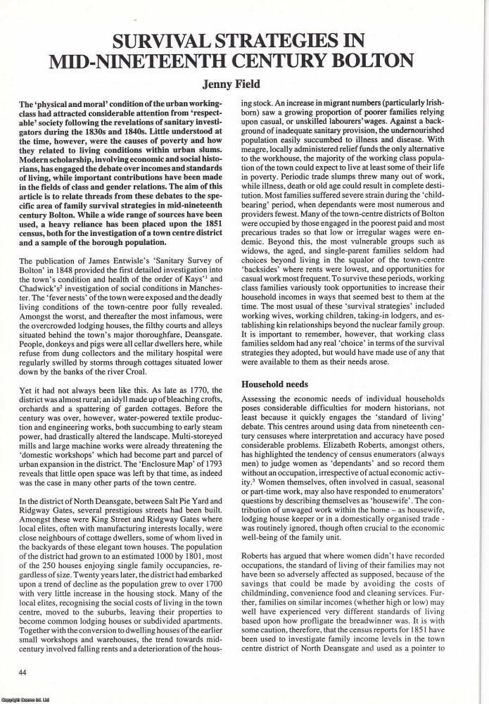 Item #366388 Bolton Hygiene and Housing. Survival Strategies in mid 19th century Bolton. An...