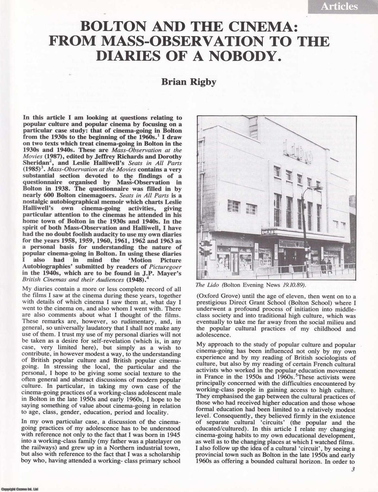 Item #366404 Bolton and the Cinema: From Mass-Observation to the Diaries of a Nobody. An original...