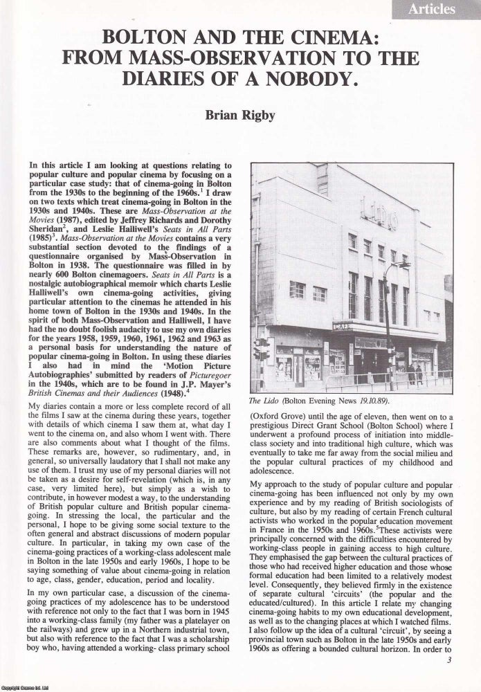 Item #366404 Bolton and the Cinema: From Mass-Observation to the Diaries of a Nobody. An original...