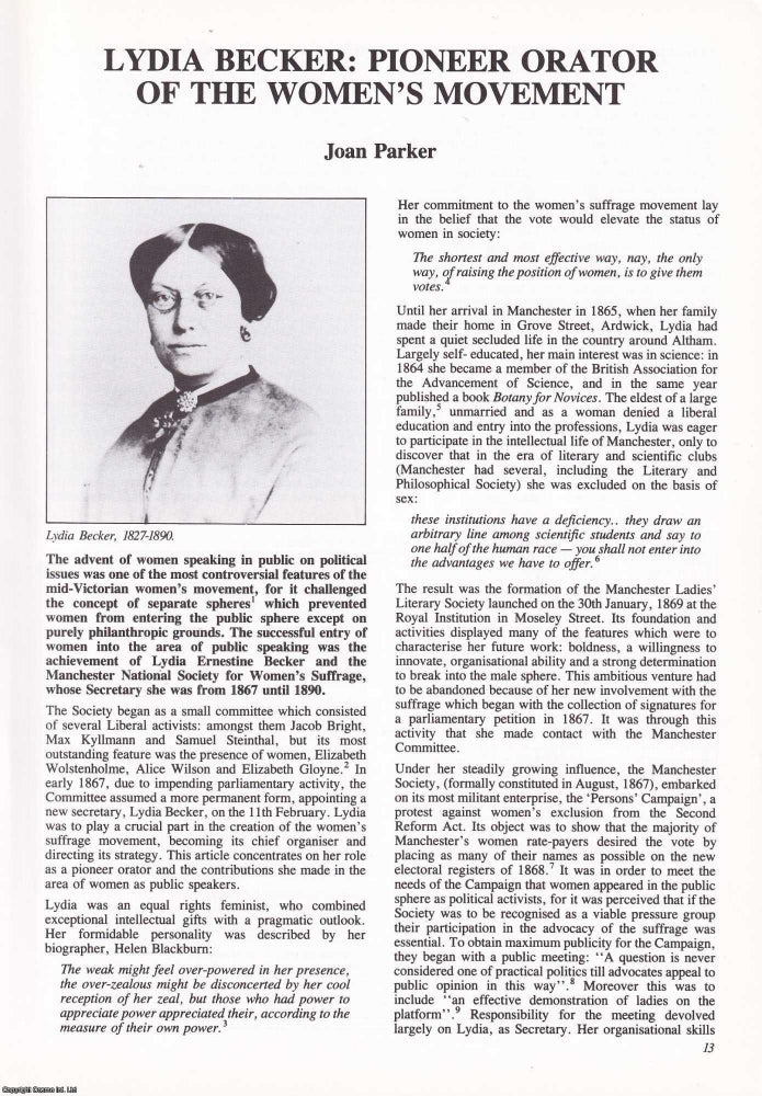 Item #366405 Lydia Becker: Pioneer Orator of the Women's Movement. An original article from...