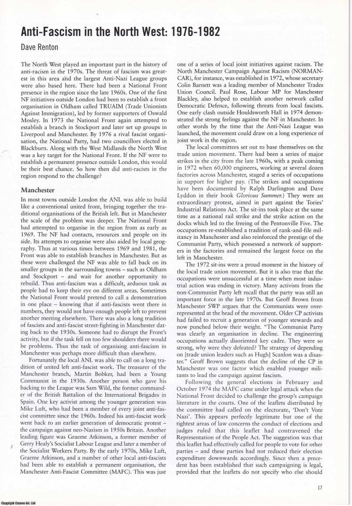 Item #366413 Anti-Fascism in the North West: 1976-1982. An original article from North West...